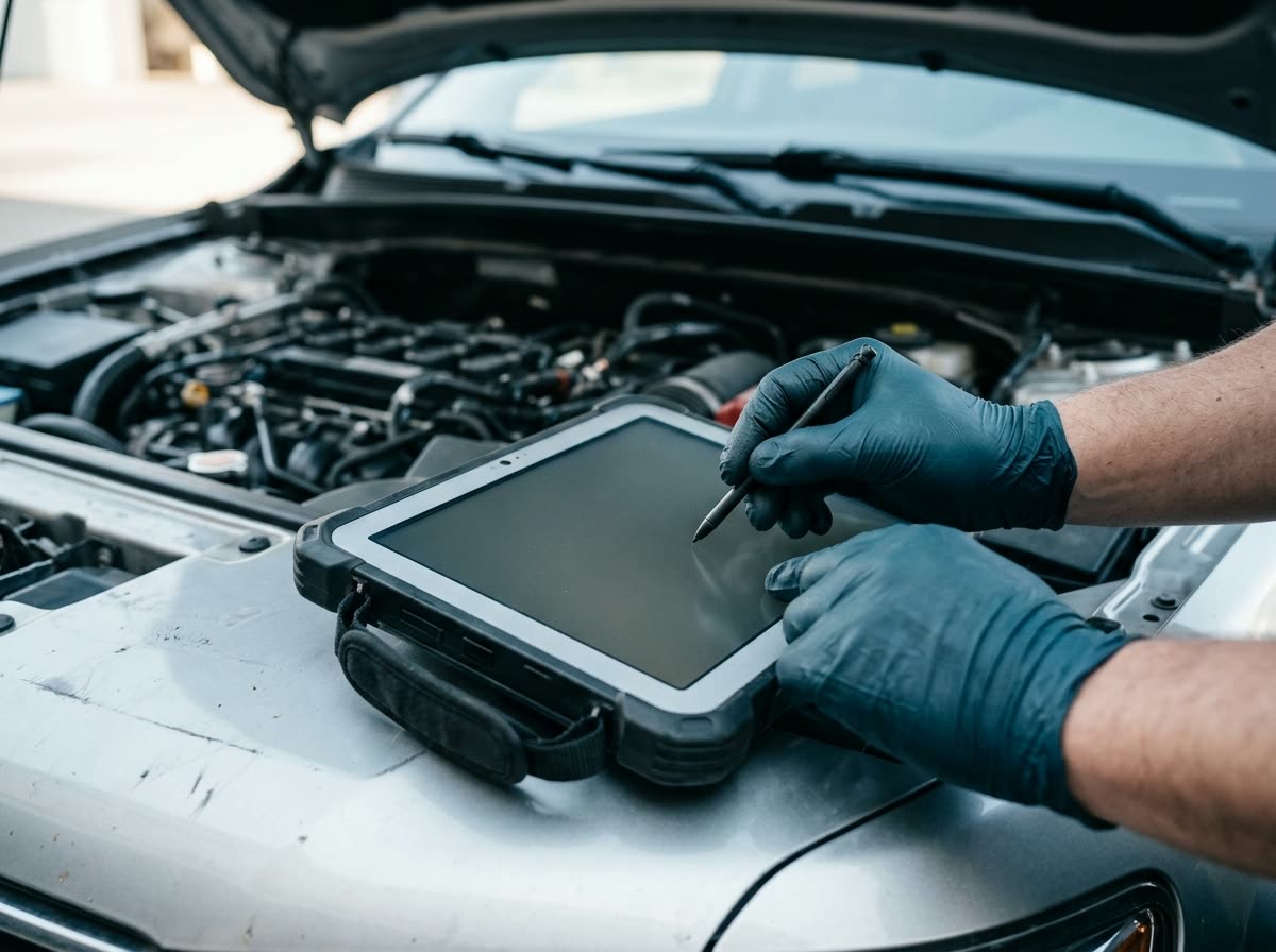 Vistoriador de luvas preenchendo o checklist da vistoria em um tablet, apoiado sobre o capô aberto do veículo